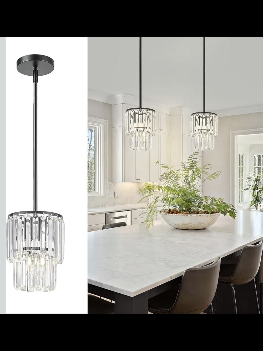 Black Crystal Pendant Light, 2 Tiered 6.5" Modern Mini Hanging Lights, Vintage